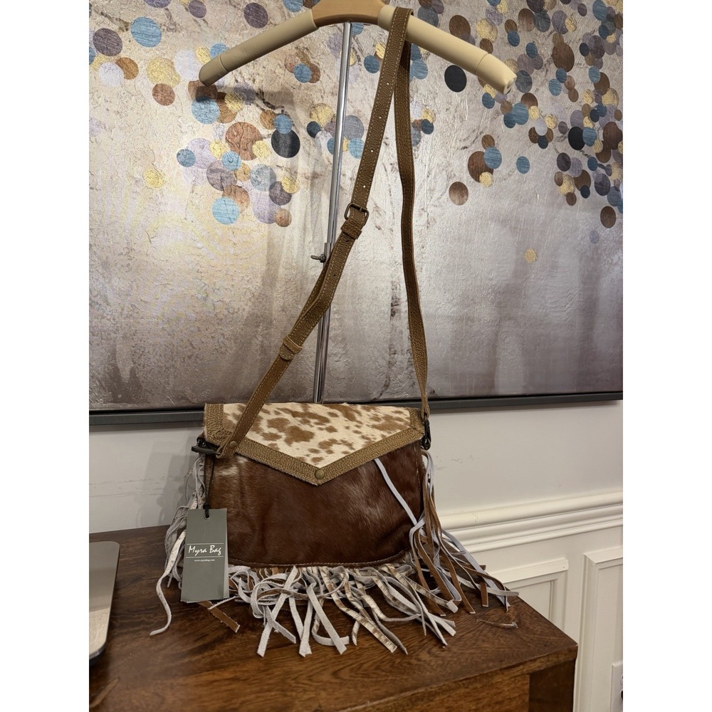 Myra Leather Cowhide Crossbody Bag with Fringe Boho Western Style - Picture 1 of 5